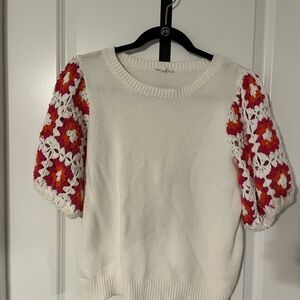 JODIFL Crochet Sleeve White Knit Sweater